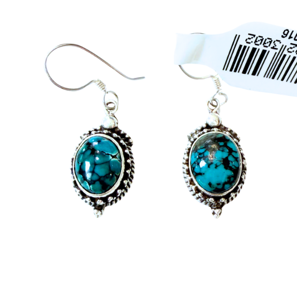 Blue Turquoise Oval Detailed Outline Silver Earrings