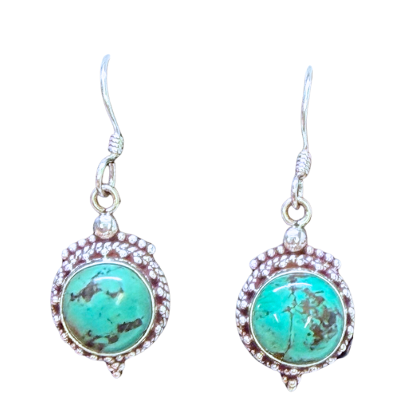 Blue Turquoise Circle Detailed Outline Silver Earrings