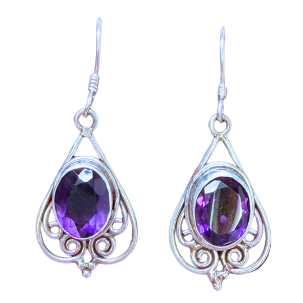 Amethyst Oval Facet Scroll Drop Silver Earrings