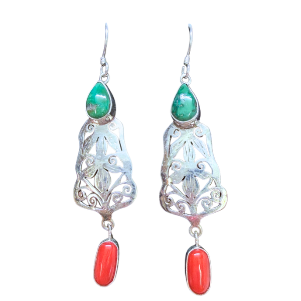 Turquoise, Red Coral Scroll Design 2 Stone Earrings