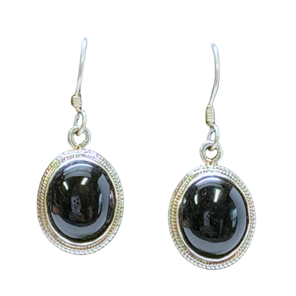 Black Onyx Oval Detailed Outline Silver Earrings