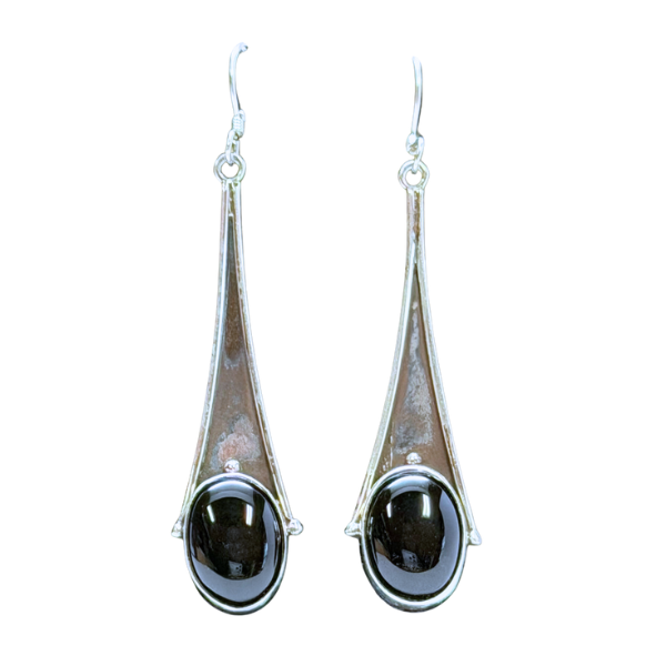 Black Onyx Oval Long Drop Silver Earrings