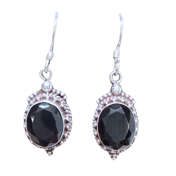 Black Onyx Oval Facet Silver Earrings