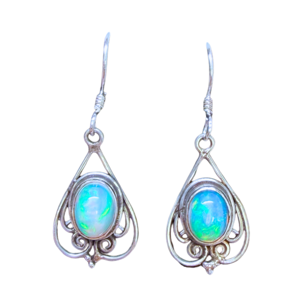 Opal Oval Scroll Drop Silver Earrings