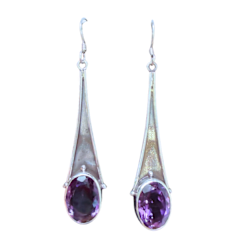 Amethyst Oval Long Drop Silver Earrings