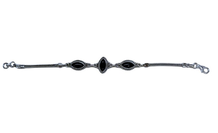Onyx 3 Stone Marquis Silver Bracelet
