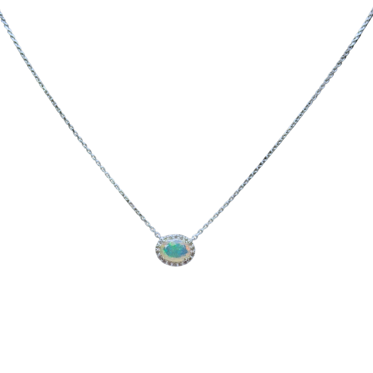 Opal Side Oval with CZs Silver Necklace