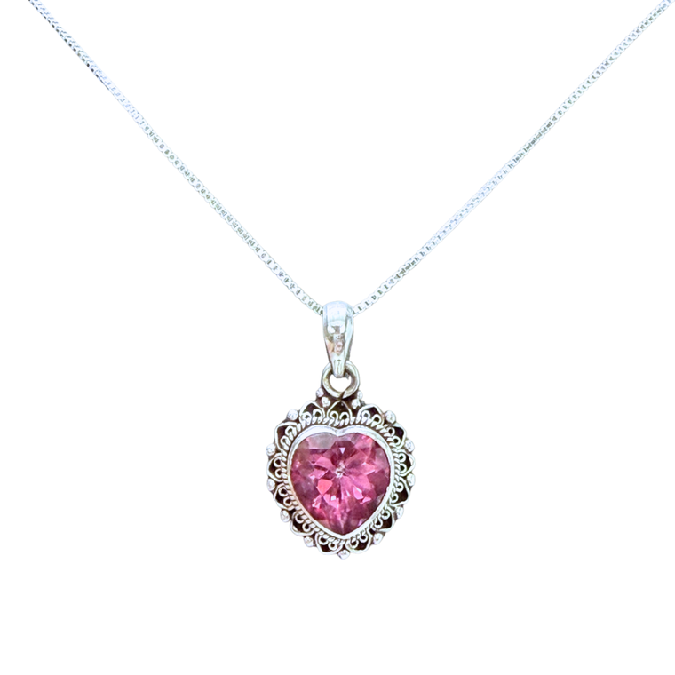 Pink Amethyst Heart Silver Necklace