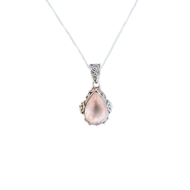 Rose Quartz Tear with Flower Silver Necklace