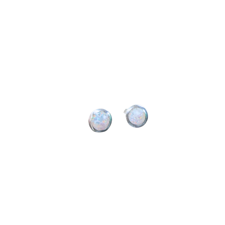 Small White Opal Circle Silver Stud Earrings