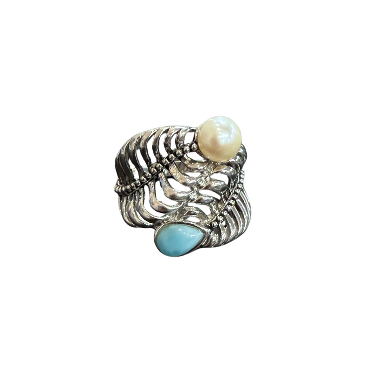 Larimar & Pearl 2 Stone Silver Ring S8