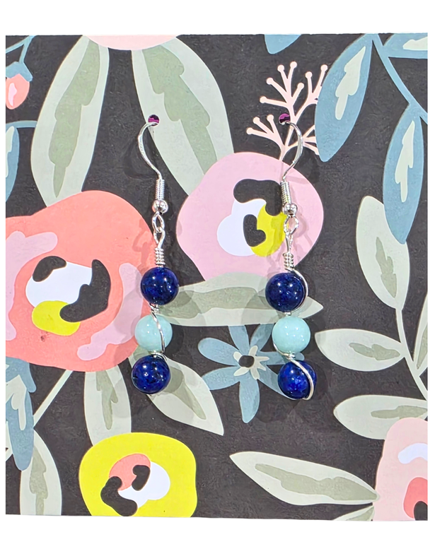 3 stone Lapis & Amazonite Silver Earrings