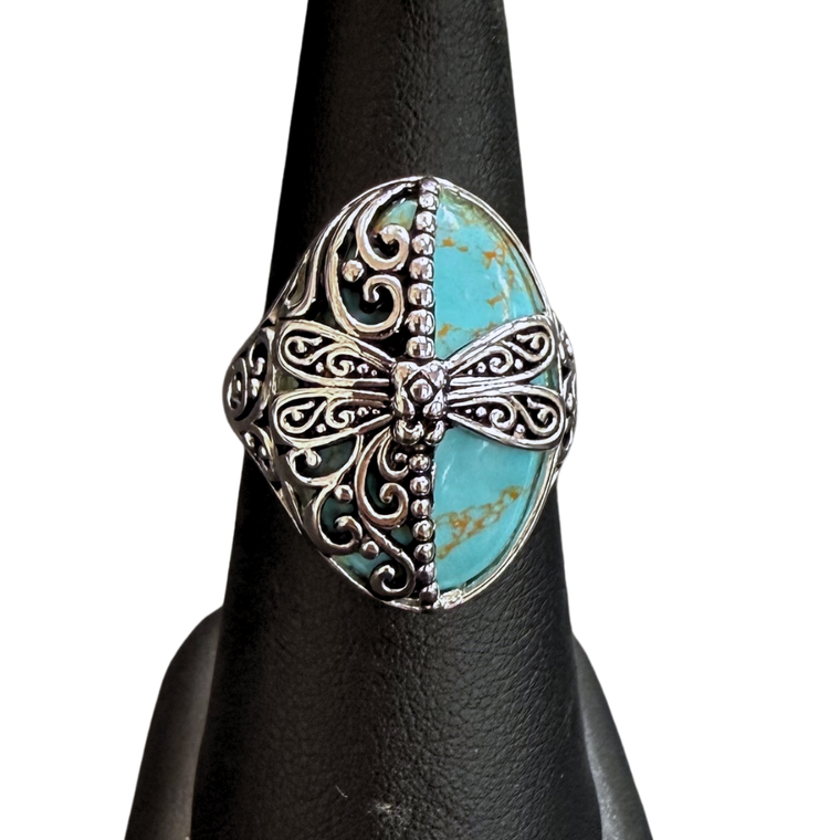 Turquoise Oval with Dragonfly Silver Ring S8