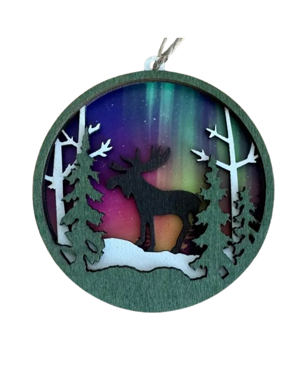 Northern Lights Moose Round Wood Ornament
