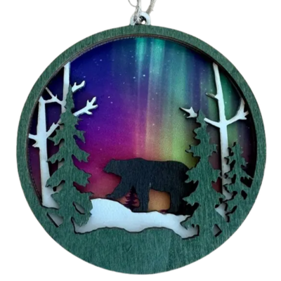 Northern Lights Bear Round Wood Ornament