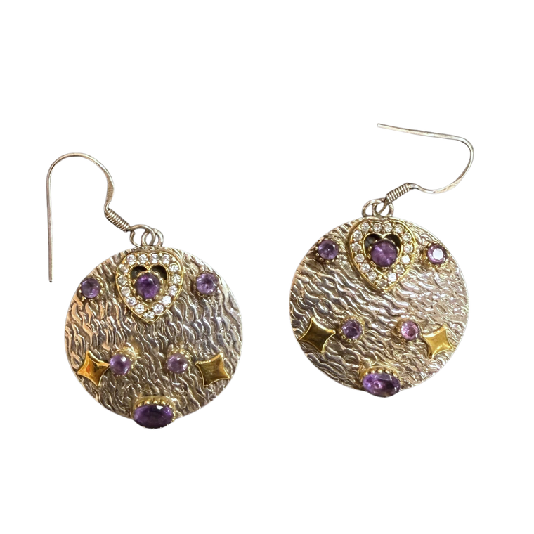 Amethyst Tiny circles with heart Silver Earrings