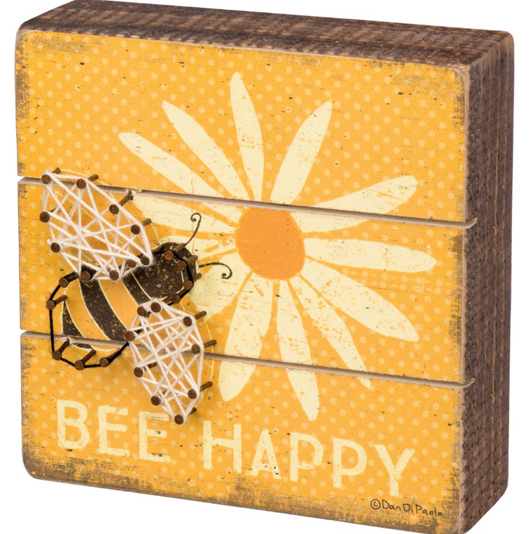 Yellow Bee Happy String Art Wooden Box Sign
