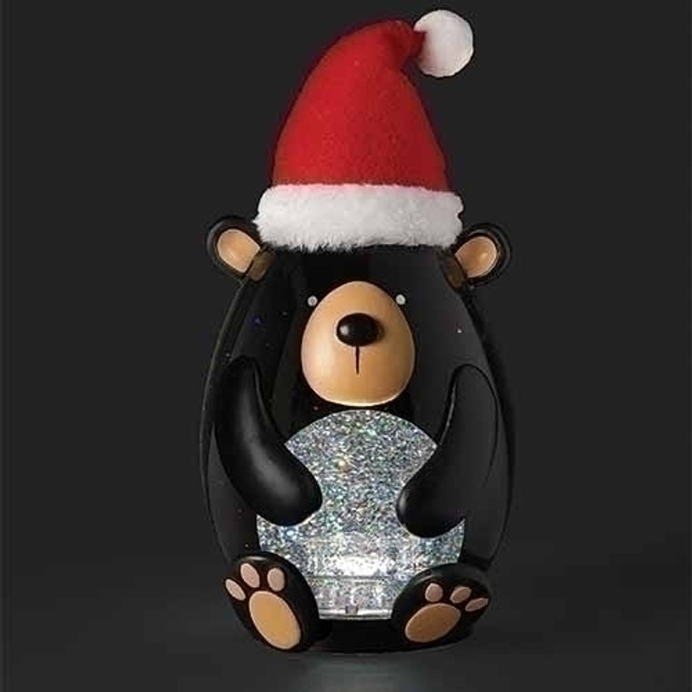 Black Bear in a Santa Hat LED Swirl Globe