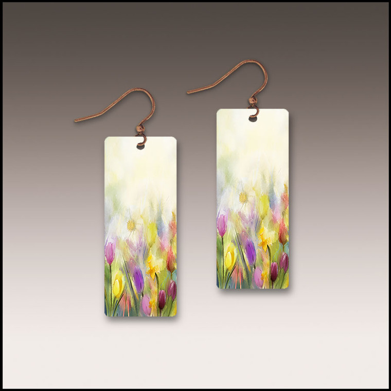 Rectangle Watercolor Flower with Copper Wire Earrings
