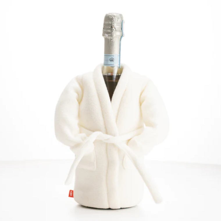 Resort Robe Wine Bottle Koozie Sandy White