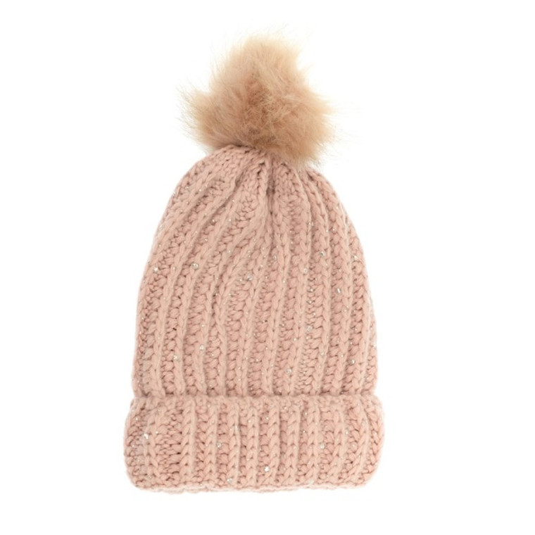 Knit Sparkle Pom Pom Hat - Blush