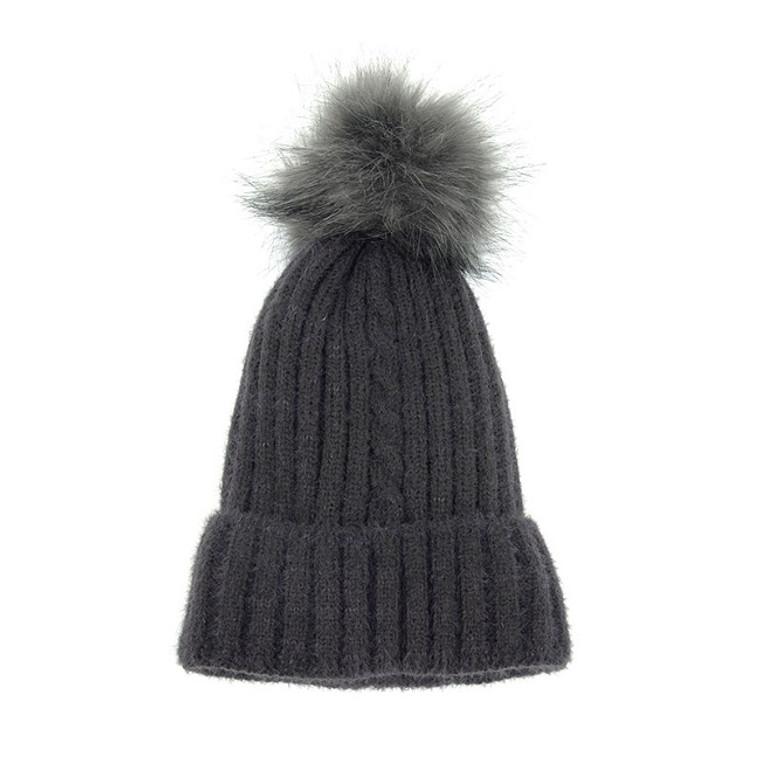 Single Cable Pom Pom Hat - Charcoal