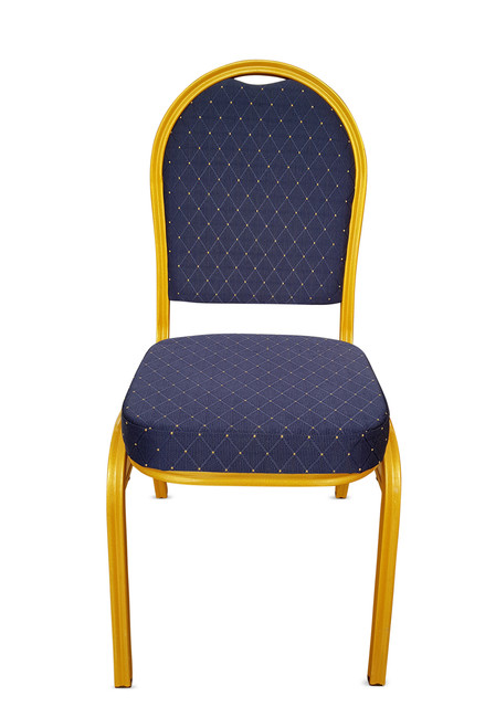 Front view of the round back steel banqueting chair, in blue with gold frame. Front view of the round back steel banqueting chair, in blue with gold frame.