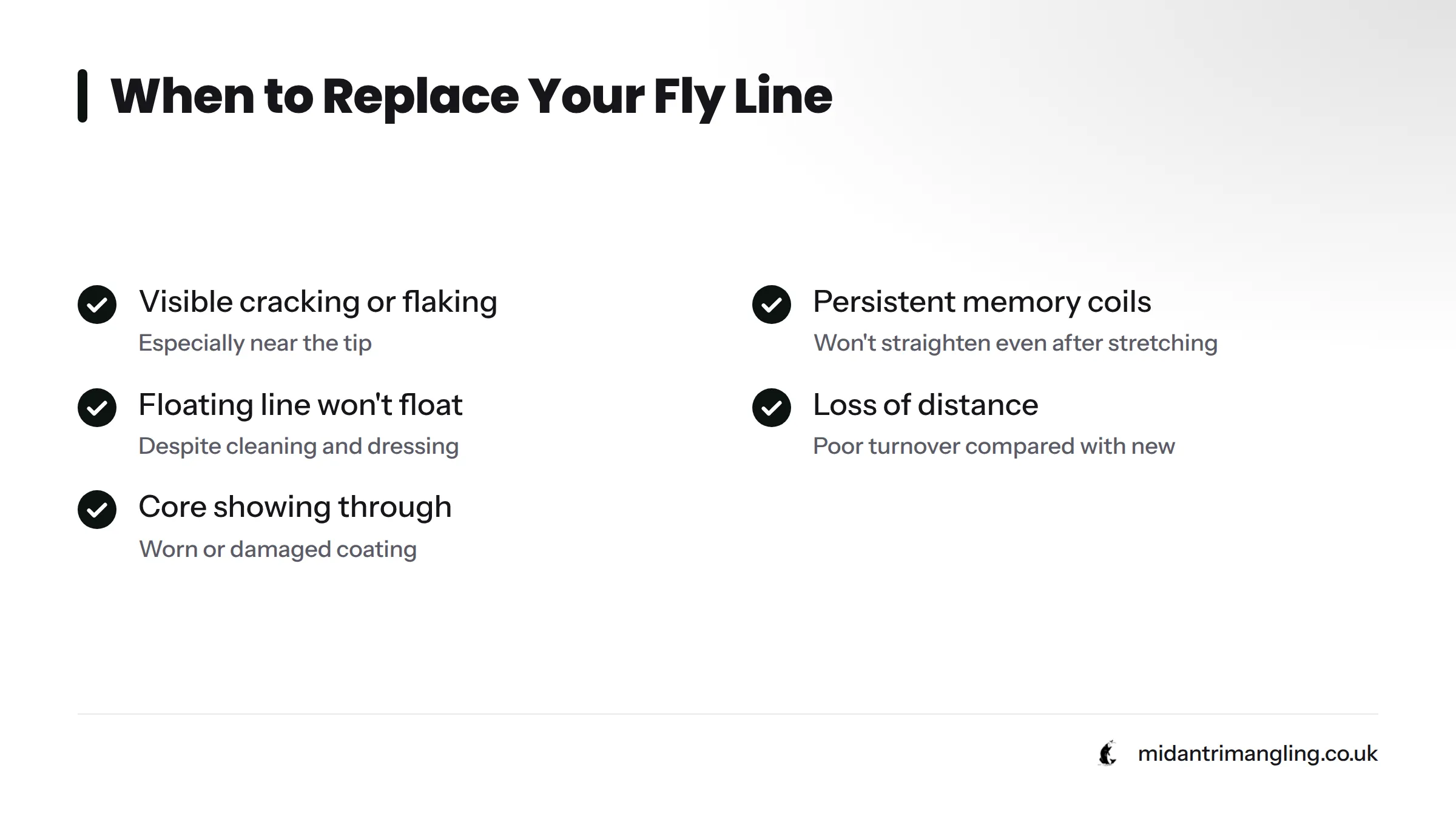 A checklist of five signs that a fly line needs replacing: visible cracking, persistent memory coils, floating line that won't float, loss of distance, and exposed core.