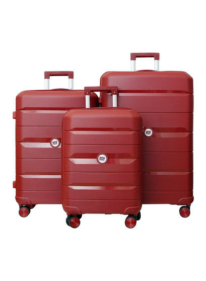 main image of british tourister 3 piece polypropelene hardside spinner luggage trolley set 20/24/28 inch red 
