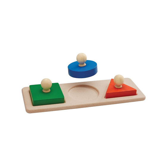 Shape Matching Puzzle. Learn about basic shapes: Square, Circle, and Triangle. This knob puzzle helps develop fine motor skills and hand-eye coordination