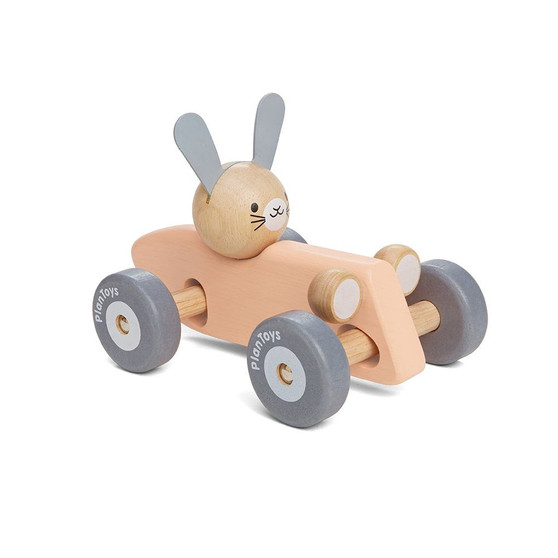 Get in the racing car with this Plan Toys Bunny Racing Car! This vehicle comes with a vintage race car theme and features a turning wheel that gives the same movement as a real race car when turning around.