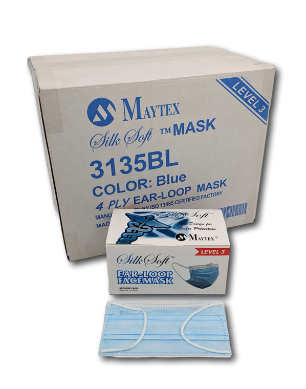 Maytex Silksoft Level 3 Blue Earloop Face Mask, Case and Box