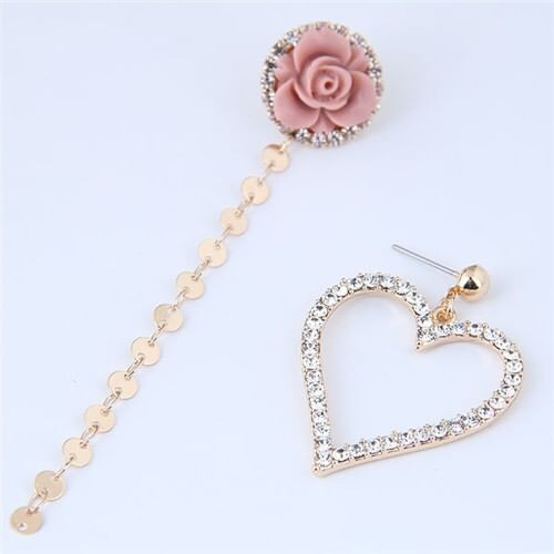 Czech Drill Inlaid Graceful Heart and Flower Asymmetric Design Fashion Earrings