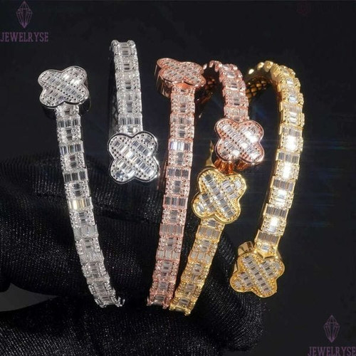 925 Sterling Silver Iced Out Hip Hop Jewelry VVS Moissanite Diamond Four Leaf Clover Bracelet Bangl