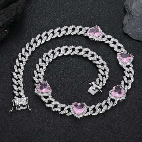 Color: White Gold Powder Zirconium, Size: Necklace 22 Inches - Cuban Link Chain Peach Heart Women's