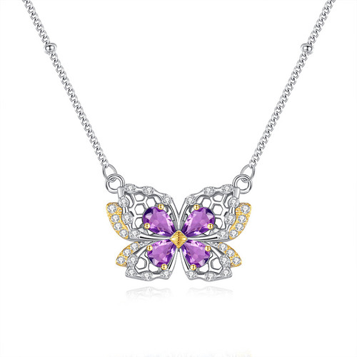 Color: DH02541 Amethyst, Purity: 925 Silver - Natural Crystal Stone Butterfly Jewelry Sterling Silv
