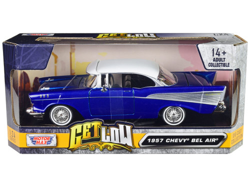1957 Chevrolet Bel Air Lowrider Candy Blue with White Top "Get Low" Series 1/24 Diecast Model Car b