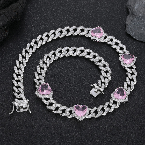 Color: White Gold Powder Zirconium, Size: Necklace 22 Inches - Cuban Link Chain Peach Heart Women's