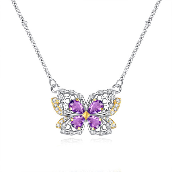 Color: DH02541 Amethyst, Purity: 925 Silver - Natural Crystal Stone Butterfly Jewelry Sterling Silv
