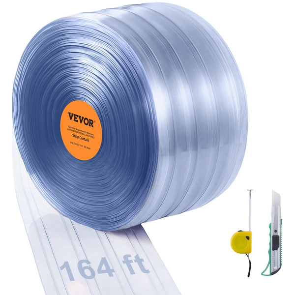 Strip Curtain, 164' Length, 8" Width, 0.08" Thickness, Clear Ribbed Plastic Door Strips, PVC Curtai