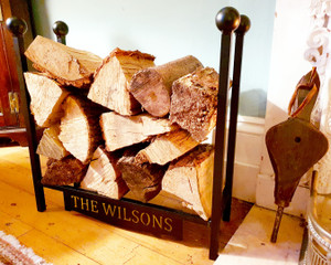 metal log holder, personalised metal log holder, personalised
