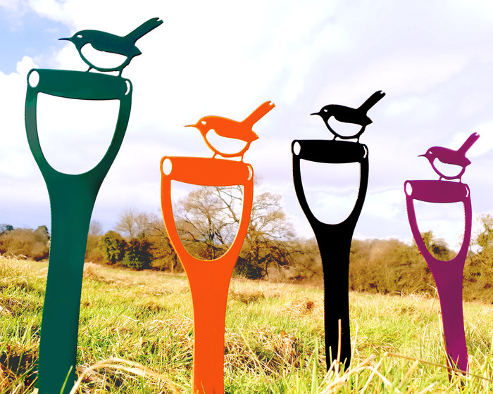 4 wren on spade garden sculptures in different colours