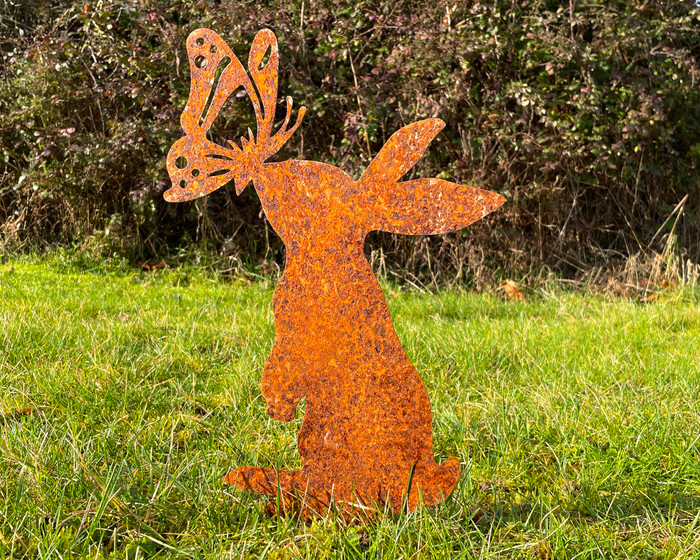 Rusty Rabbit and Butterfly Garden Sculpture