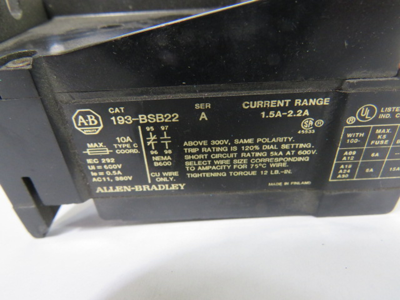 Allen-Bradley 193-BSB22 Series A Overload Relay 1.5-2.2A USED