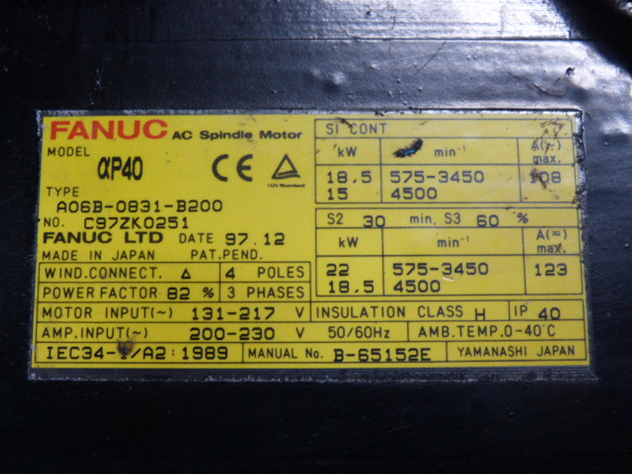 Fanuc A06B-0831-B200 AC Spindle Motor 3Ph ! RFB !