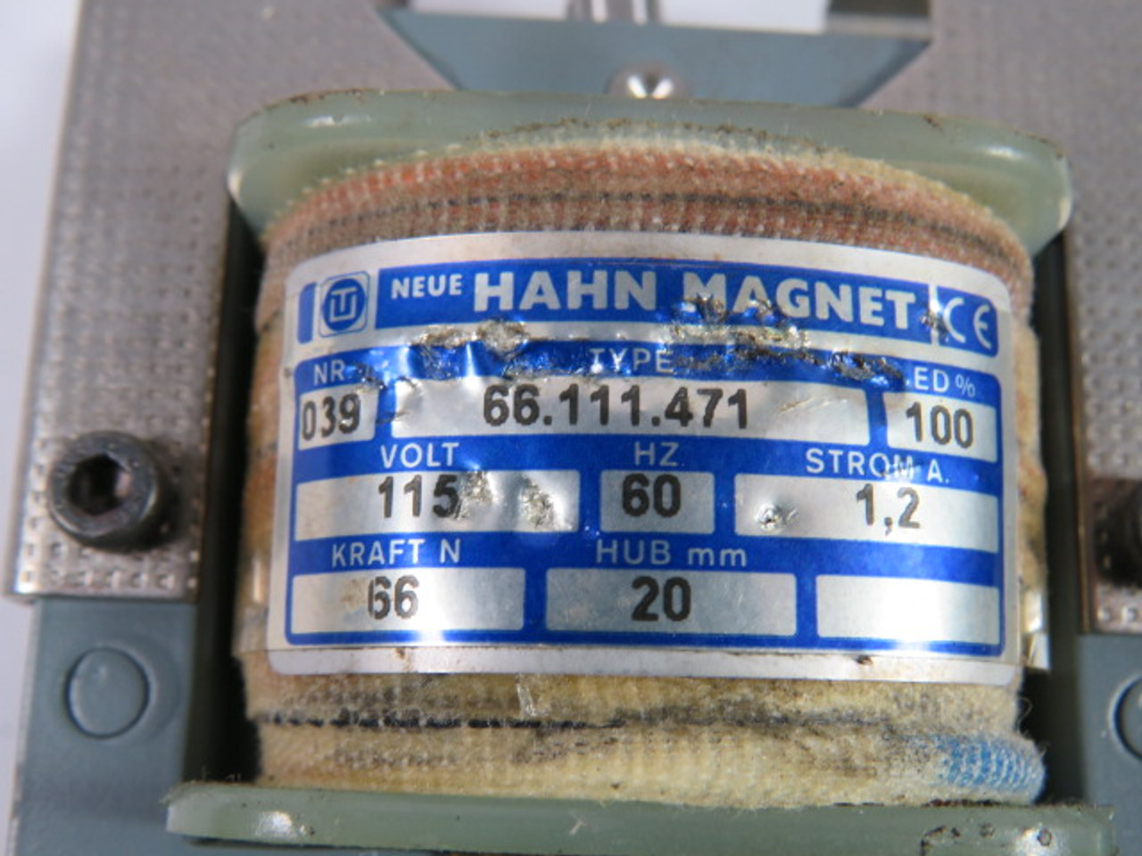 Hahn Magnet 66.111.471 Magnetic Solenoid Coil 115V 1.2A 60Hz 20mm USED