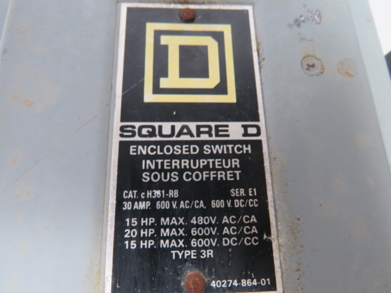 Square D CH361RB Fusible Disconnect Switch 30A 600V 3P NEMA3R USED
