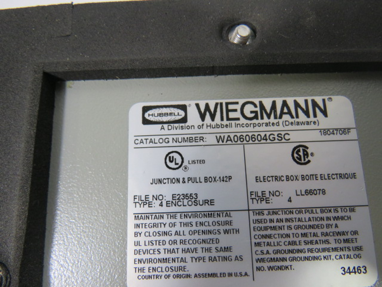 Wiegmann WA060604GSC 6X6X4 Gasketed Junction Box USED