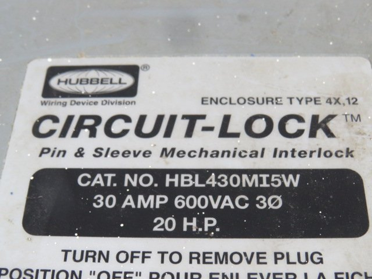 Hubbell HBL430MI5W Circuit-Lock Mechanical Interlock 30A 600VAC 20HP USED