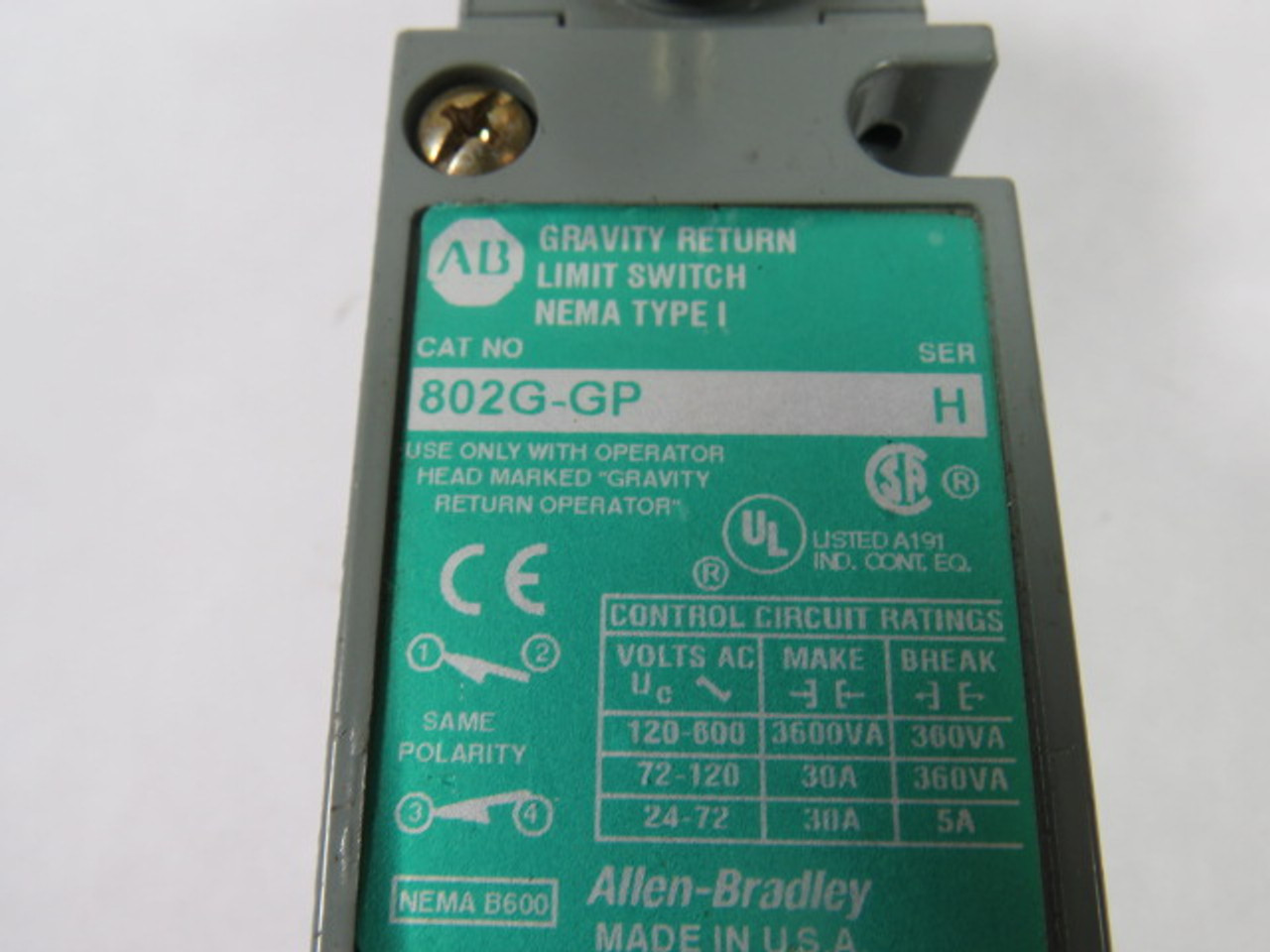 Allen-Bradley 802G-GP Gravity Return Limit Switch C/W 40146-127-51 Head USED